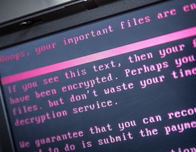 Schwarzer Bildschirm mit rosa Schrift: "Oops, your important files are encrypted"