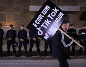 Demonstrant mit Protestschild in Albanien