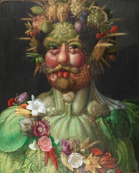 Kompositbild, Männerporträt aus Obst, Gemüse, Getreide und Blumen
