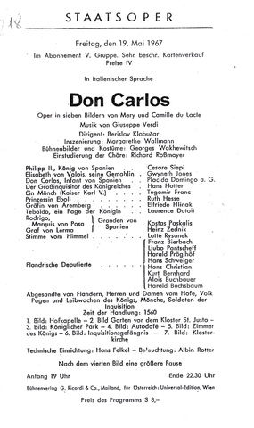 Abendzettel der "Don Carlos"-Aufführung am 19. Mai 1967 