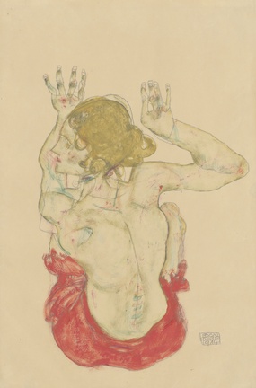 Zeichnung von Egon Schiele: Sitzender weiblicher Rückenakt mit rotem Rock, 1914