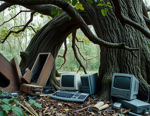 DALL-E KI-generiertes Bild: Ein alter Baum mit Wurzeln und altem Computer(zubehör)