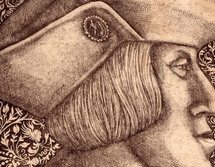 GEMEINFREI Bildnis Karl V. im Profil. Radierung/etching. 23 x 15,7 cm. B. 58, Hollstein 63 I (von II). Vor der Funck-Nummer. Ausgezeichneter Druck mit Rändchen, am linken Rand teils bis an die Einfassungslinie geschnitten. Leicht gebräunt, schwache Wasserfleckchen, rechts ein Risschen bis in die Darstellung. Aus einer unbekannten Sammlung (Lugt 189). Ausschnitt