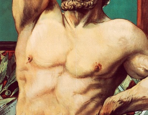 Ausschnitt eines Plakats aus dem Jahr 1895: männlicher Oberkörper, Herkules