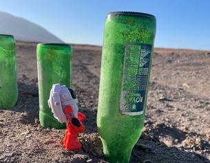 Grüne Flaschen in Erde gesteckt