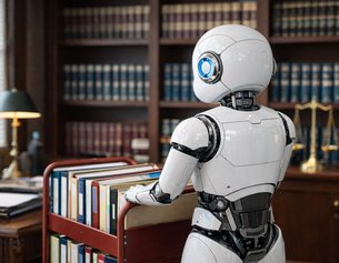 KI-generiertes Bild: Roboter schiebt einen Aktenwagen in einer Rechtsanwaltskanzlei