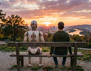 KI-generiertes Bild: Roboter und Mensch auf einer Parkbank