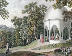 Der Gotische Tempel auf dem fürstlich Galitzin’schen Landgute, genannt Predigtstuhl, kolorierte Radierung von Johann Ziegler nach einer Zeichnung von Lorenz Janscha, um 1810