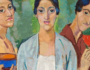 REINHARD HAIDER Gemälde von drei Frauen, die jeweils etwas in der Hand halten, eine Blume, ein Glas und eine Schale.