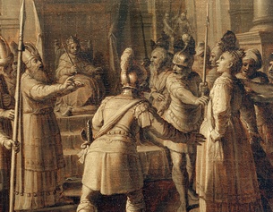 Ausschnitt des Gemäldes "Athalia wird von Jojada aus dem Tempel vertrieben"
