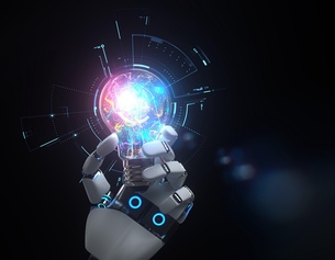 Künstliche Intelligenz, Roboterhand mit Glühbirne