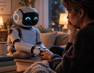 KI-generiertes Bild: Ein kleiner Roboter tröstet eine Frau
