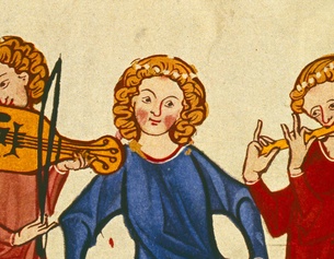 Buchmalerei, Zürich um 1310-1340 .Der Lied- und Spruchdichter Kanzler zwischen einem Flötenspieler und einem Fiedler (Ausschnitt der Abbildung)