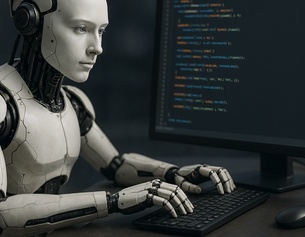 KI-generiertes Bild zum Thema: KI programmiert - Roboter sitzt vor einer Tastatur