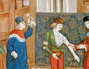 Illustration (Ausschnitt) aus dem 15. Jahrhundert: Patienten