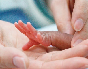 Ärmchen eines Frühgeborenen in einer Erwachsenenhand