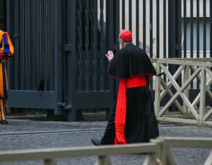PICTUREDESK.COM/AFP/ANDREAS SOLARO Ein Kardinal neben einem Mann der Schweizer Garde