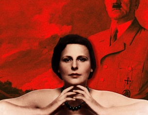 Cover zum Podcast "Leni Riefenstahl, Influencerin des Bösen": Zu sehen ist eine Bildmontage mit einem Porträt von Riefenstahl vor einem Gemälde, das Adolf Hitler zeigt.