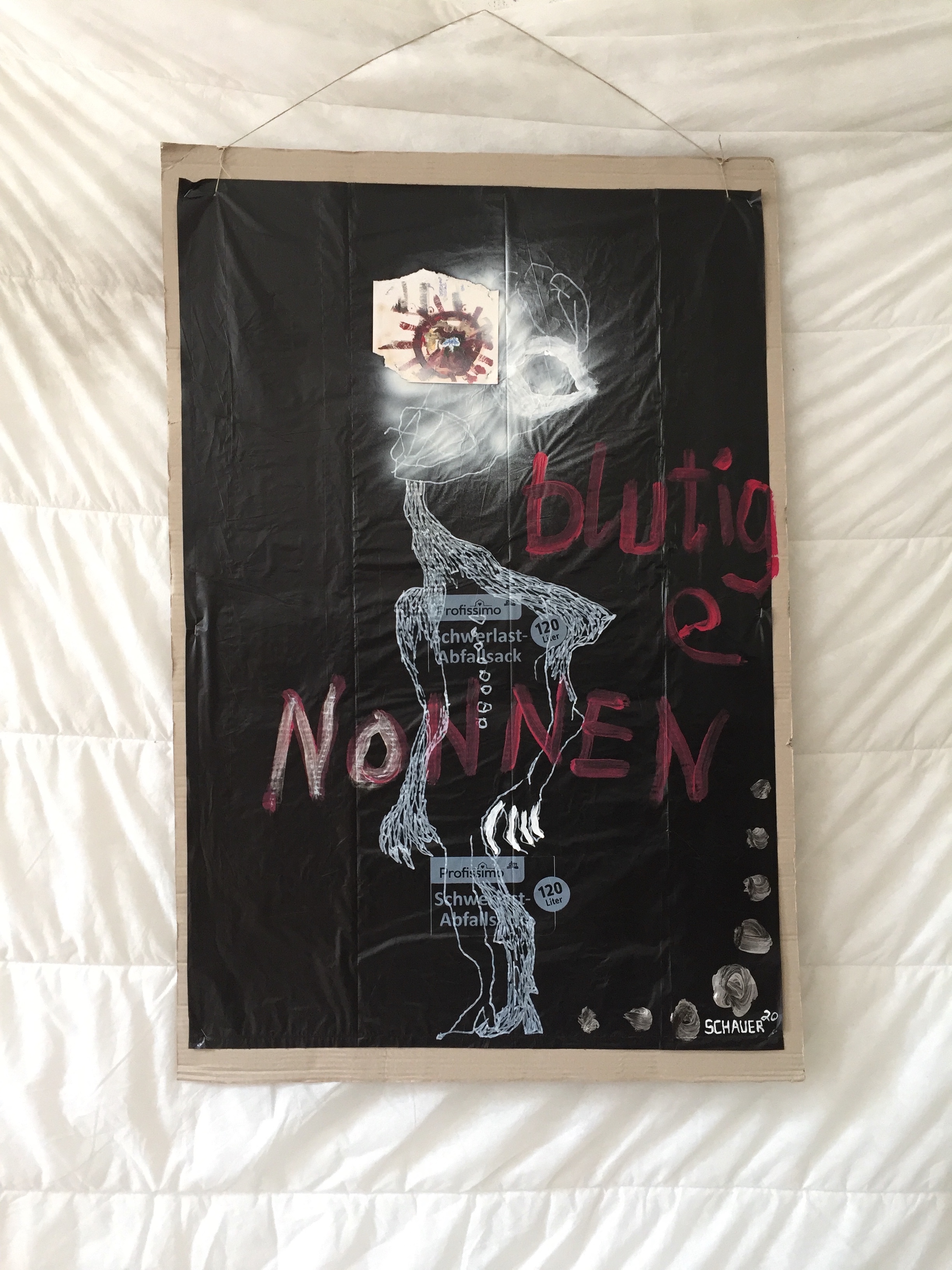 bleeding nuns - garbage bag art on cardboard