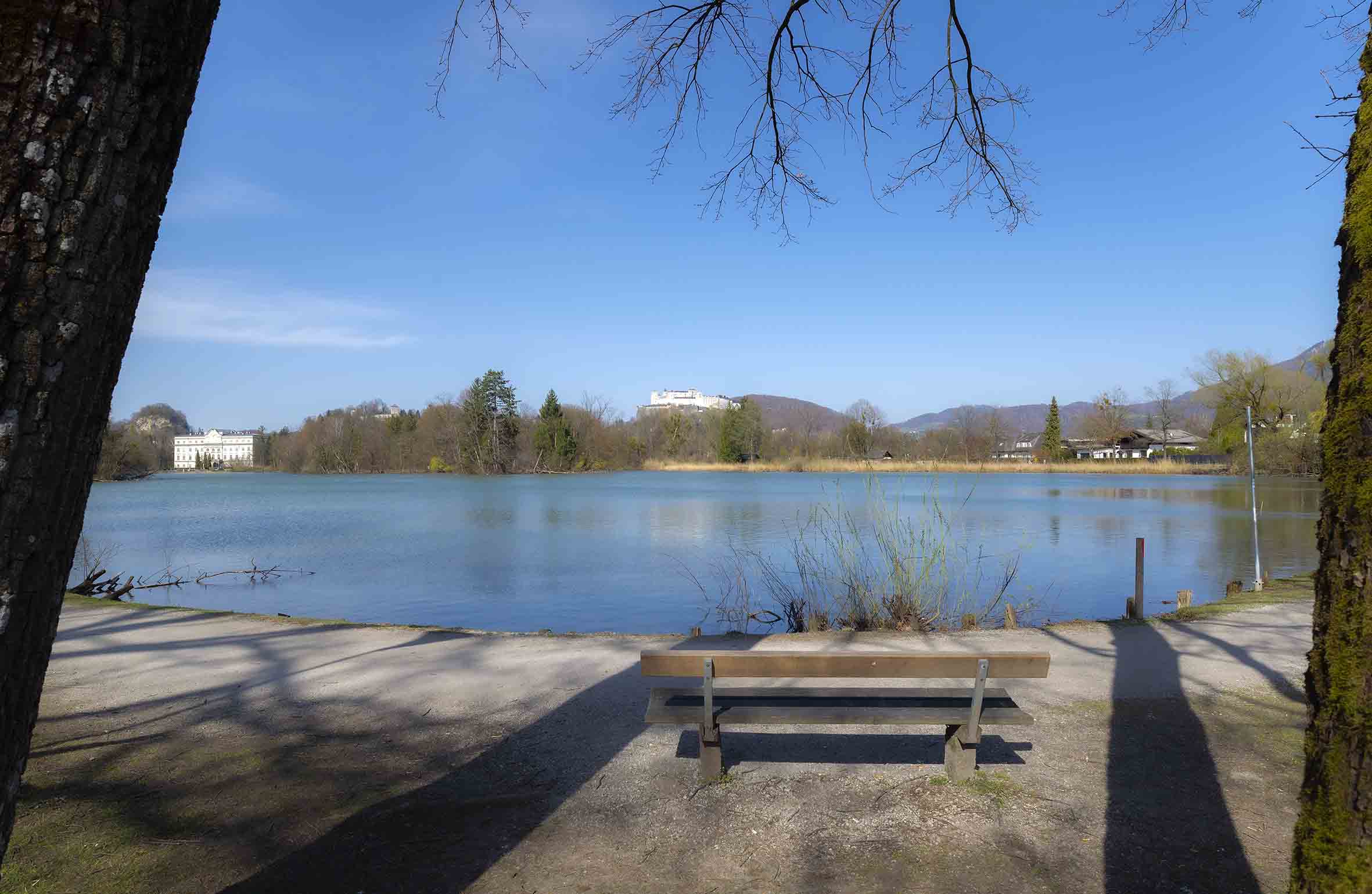 Landschaft mit Bank und Weiher