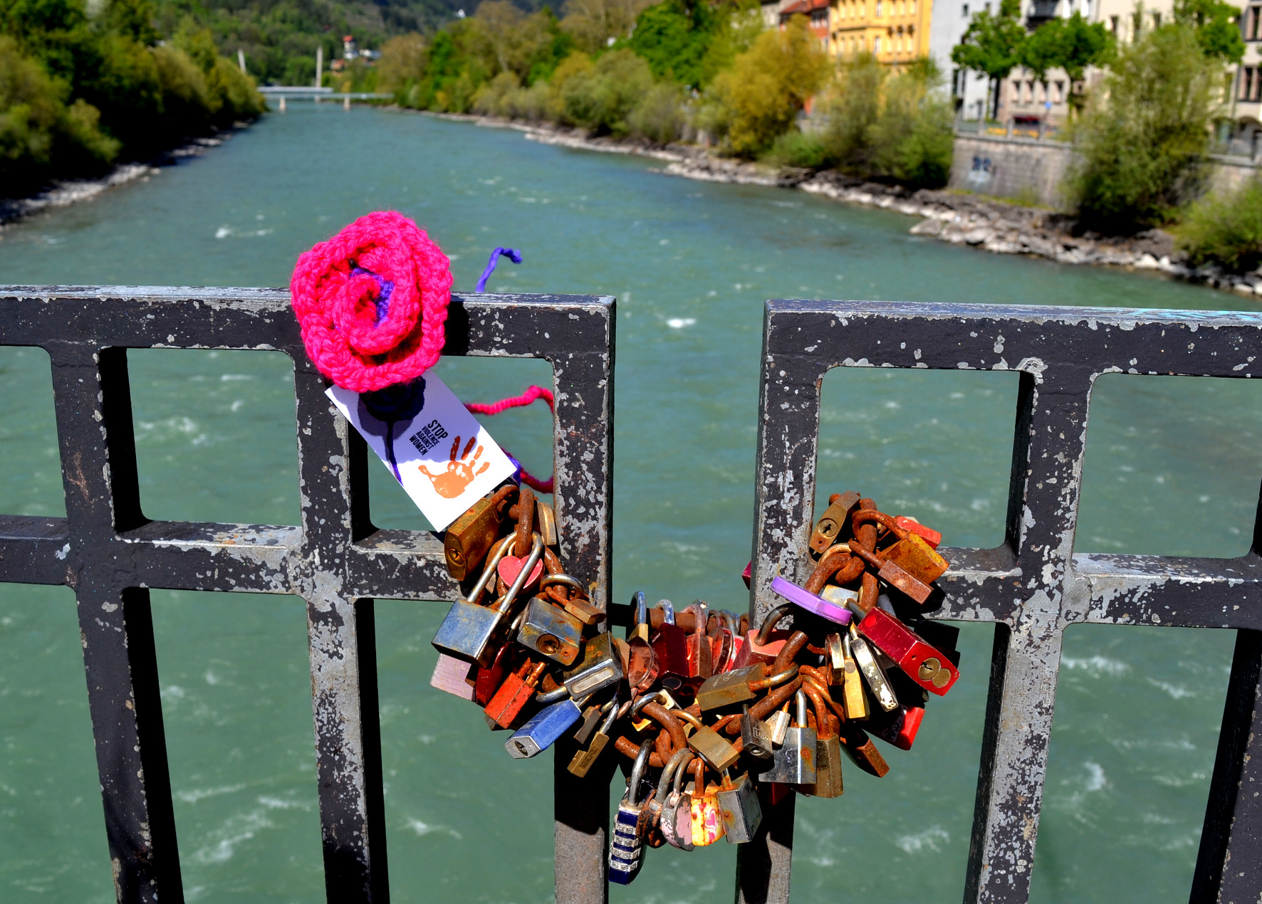 Eine meiner Rosen gegen Gewalt hängt über Liebesschlössern auf der Innsbrucker Innbrücke und soll auf die häusliche Gewalt aufmerksam machen.