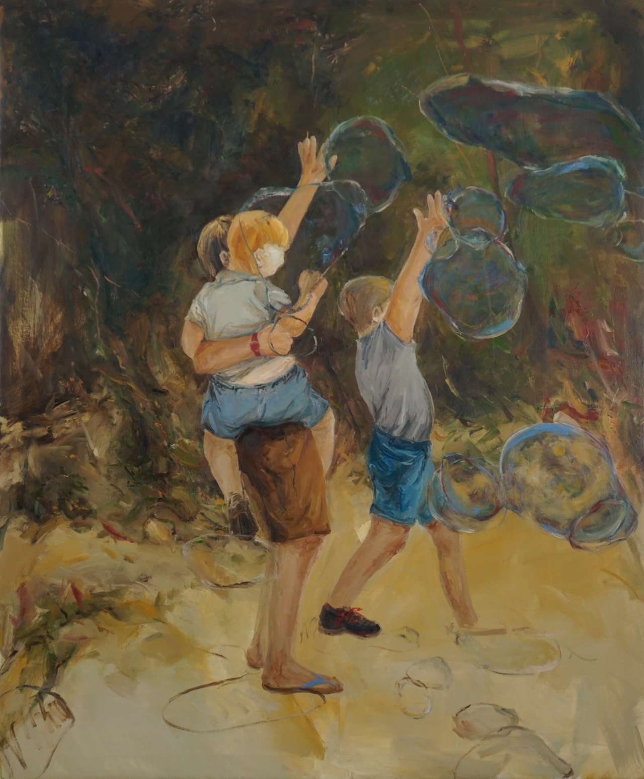 &quot;Everyone Has a Grand Summer&quot; von Chao Li ist ein Ölgemälde, das 2024 geschaffen wurde und 100x120cm misst. Das Werk zeigt drei Kinder, die große Seifenblasen jagen und nach ihnen greifen. Der Hintergrund aus Grün- und Brauntönen deutet auf eine natürliche Umgebung hin und verstärkt das Gefühl von Freiheit. Lebendige Farben und dynamische Pinselstriche erwecken die Szene zum Leben, wobei die Bewegungen der Kinder detailliert dargestellt sind. Chao Lis Technik und seine Fähigkeit, die flüchtigen Momente der Kindheit einzufangen, machen dieses Gemälde zu einer eindrucksvollen Erinnerung an die Freude eines großartigen Sommers.