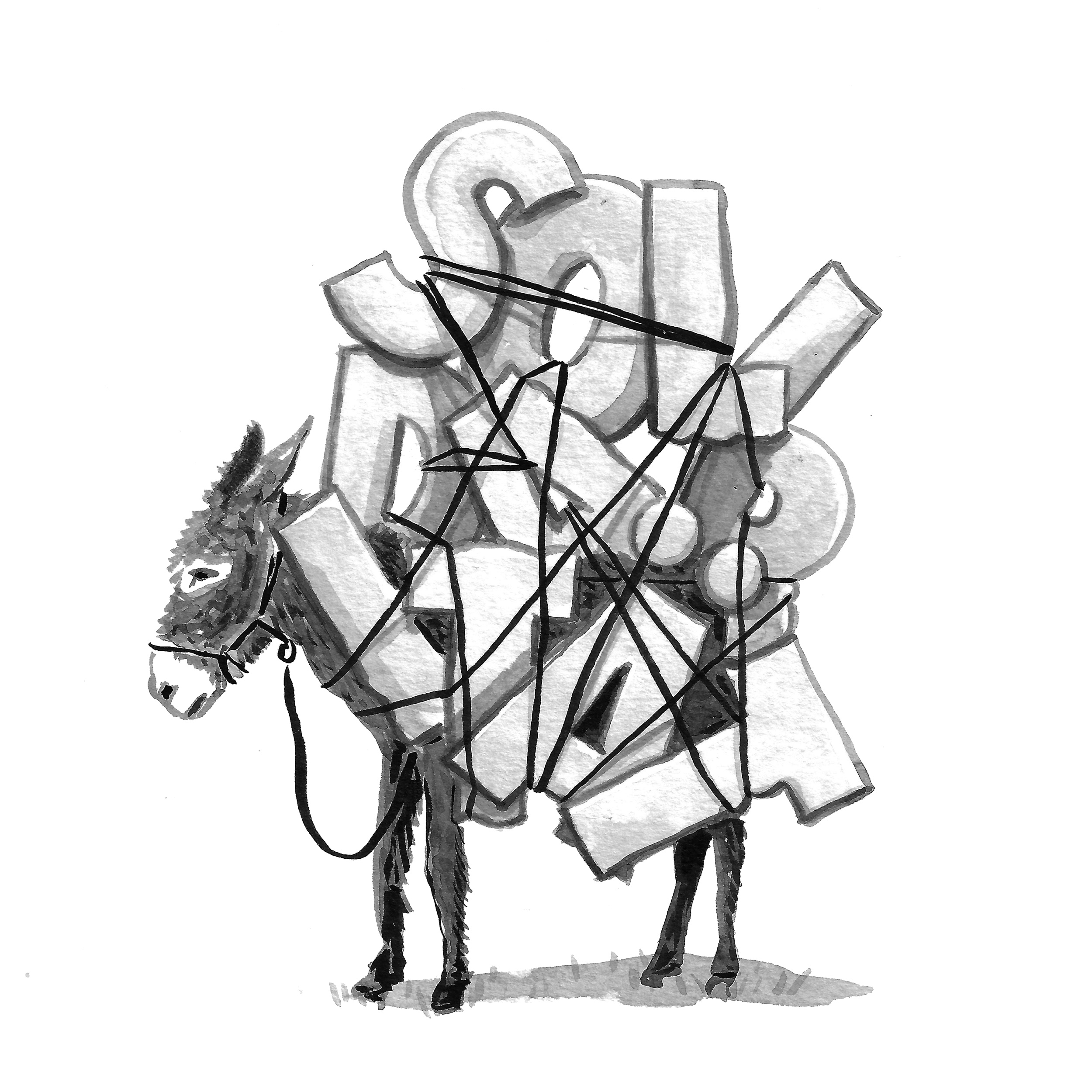 Zu sehen ist eine schwarze Tusche-Zeichnung eines Esels. Das Arbeitstier ist im Profil zu sehen und scheinbar schwer beladen. Eine Last die den Großteil des Bildes einnimmt. Es sind große, mächtige Buchstaben: S, O, L, I, D, A, R, I, T, Ä, T.