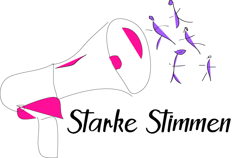 Verein Starke Stimmen Das Logo der Aktion "Starke Stimmen" zeigt ein mit schwarzem und rotem Stift gezeichnetes Megephon. Vor dessen Lautsprecher schweben fünf Strichmännchen.