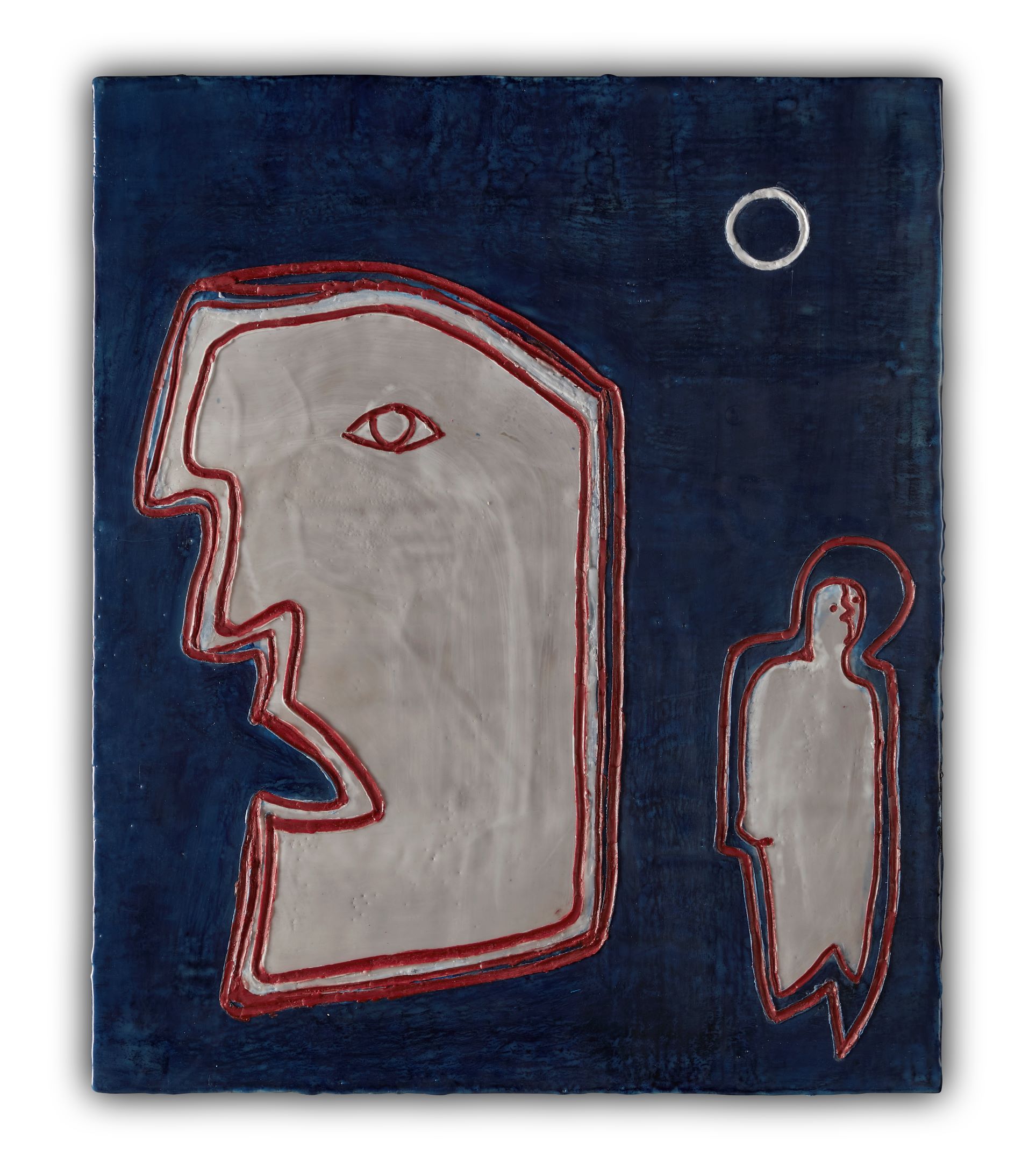 Blaues Bild mit einer kleineren rot umrandeten introvertierten Figur und einem größeren rot umrandeten staundenden Gesicht von der Figur abgewandt