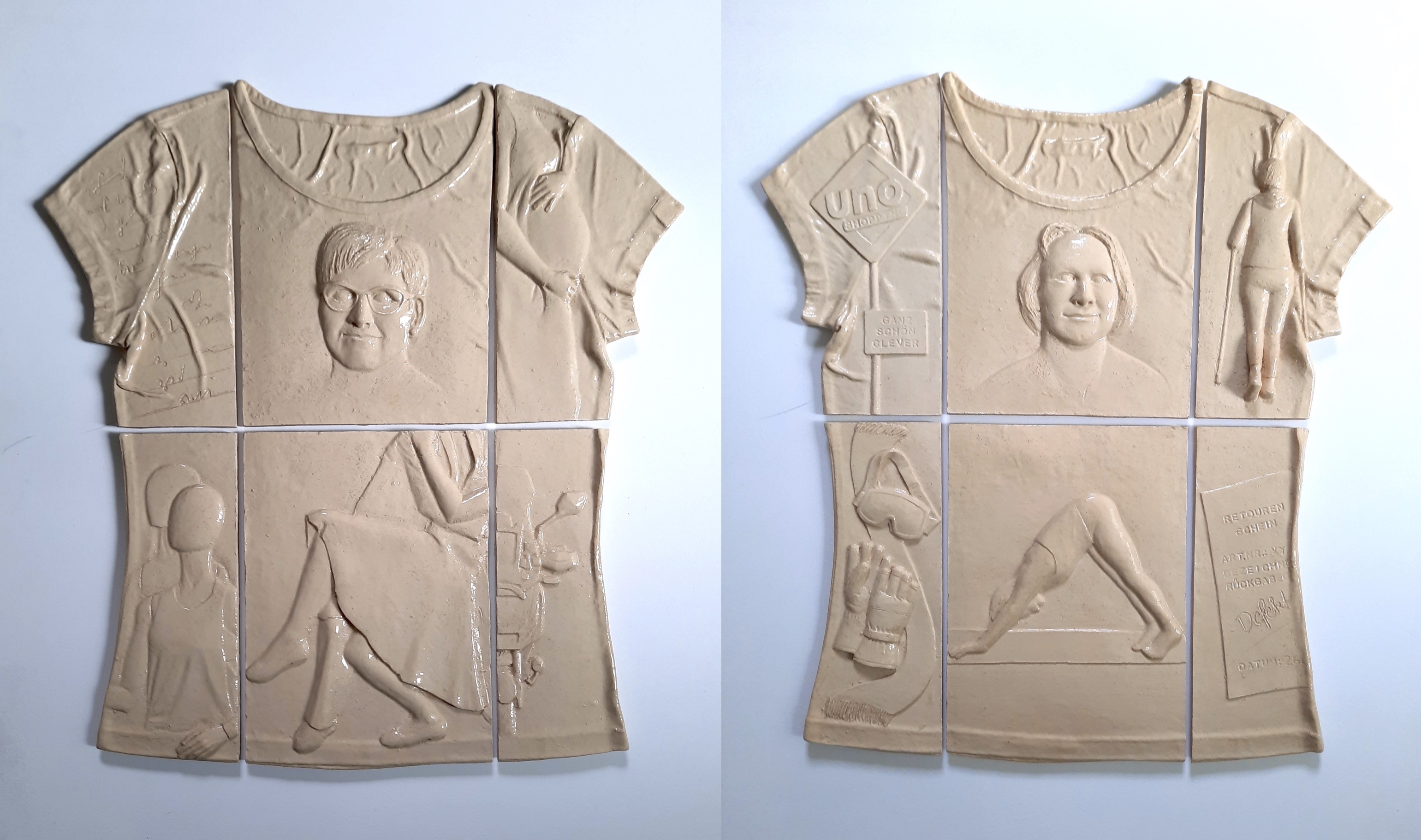 2 T-Shirts aus Keramik, darauf Porträts von Verkäuferinnen
